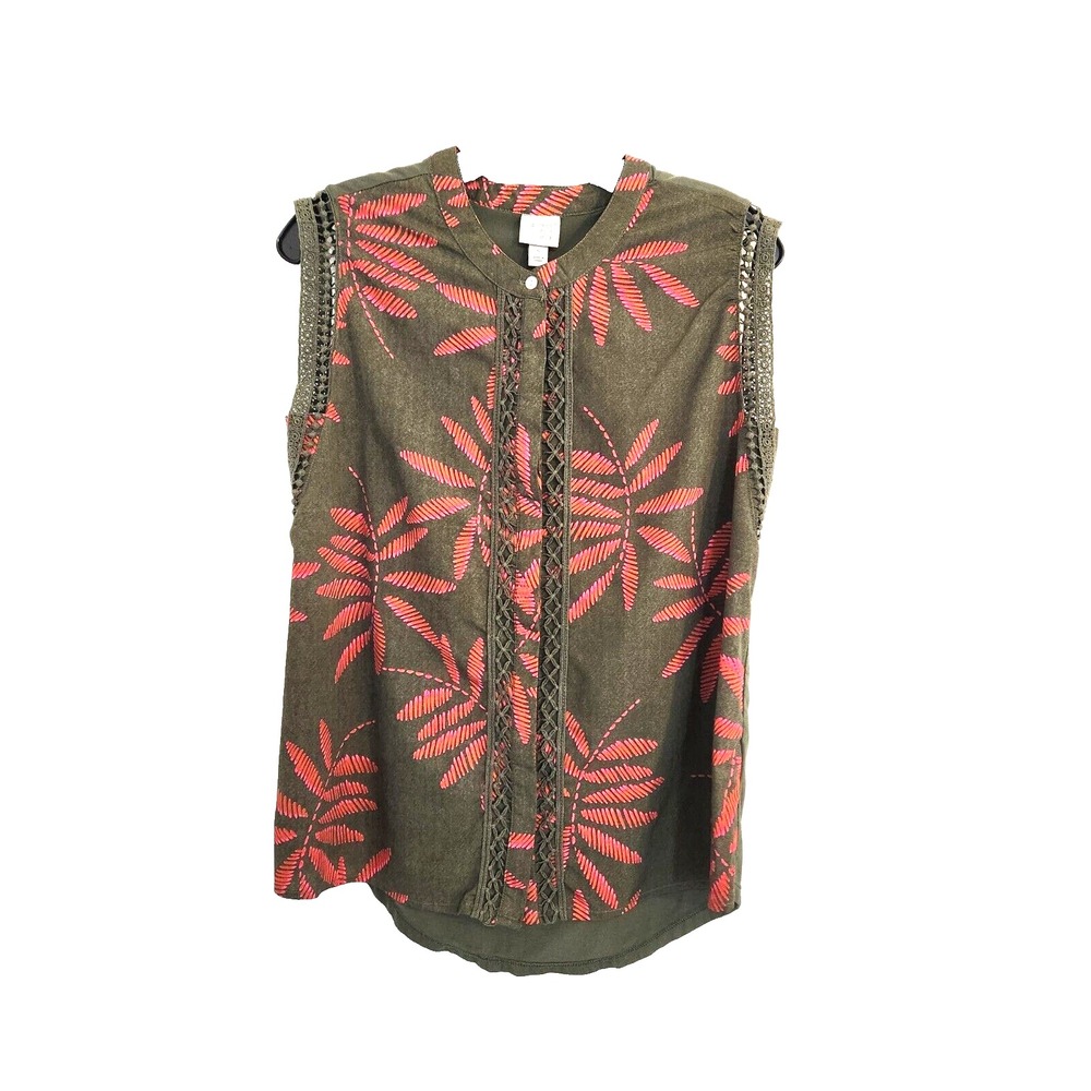 A New Day Blouse Sz Small Olive Green Floral Knit Top Short Sleeves Button Down